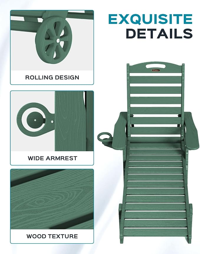 Ciokea Outdoor Lounge Chair with Rolling Wheels & Cup Holder, All Weather Patio Chaise Lounge Chair for Outside, 5 Position, HDPE Chair for Patio Deck, Pool, Green