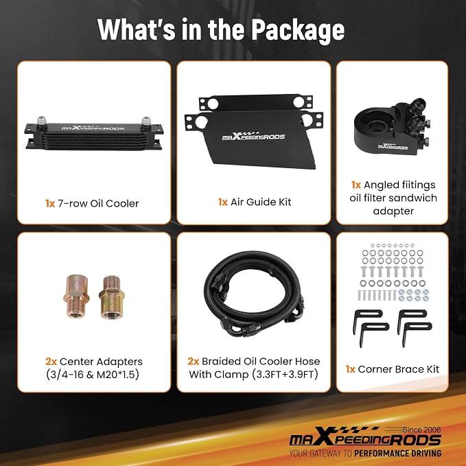 maXpeedingrods 7 Row Engine Oil Cooler Kit, 10AN Transmission Engine Cooler British Radiator Universal Aluminium Black, Thermostatic Oil Filter Sandwich Adapter, Air Guide Kit and Oil Cooler Hoses