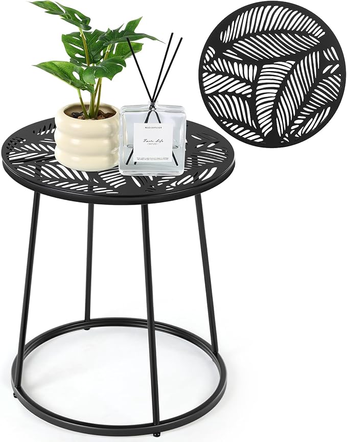 Vercraft Small Outdoor Side Table, 14" Patio Side Tables with Flower Cut Outs Weather Resistant Metal Outdoor End Table for Patio Outside Porch Balconies Garden(Black,Tropical Leaf)