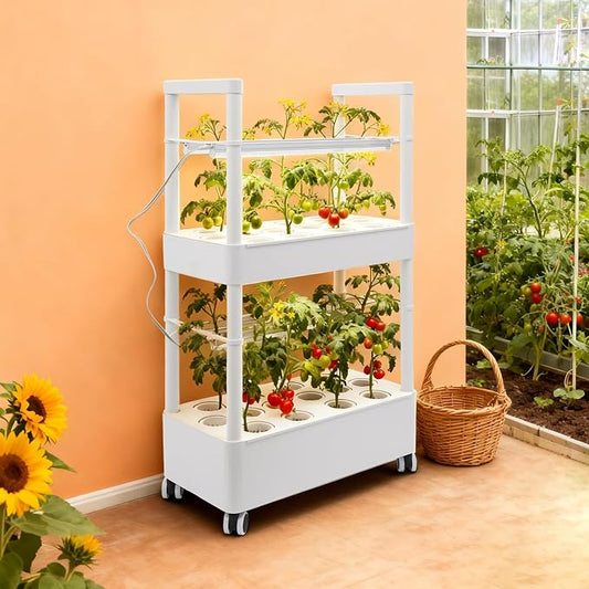 2-Tier 28-Hole Hydroponics Growing System with LED Grow Lights, 5.28Gal Indoor Hydroponic Grow Kit with Automatic Water Circulation, 4 Wheels for Vegetables, Herbs, Lettuce, White