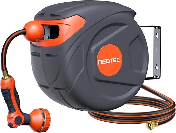 New Retractable Garden Hose Reel 1/2 inch x 33 ft 9 Pattern Nozzle Wall-Mounted Any Length Lock Automatic Slow Return 180° Swivel UV Resistant Heavy Duty Hose Reels for Outside