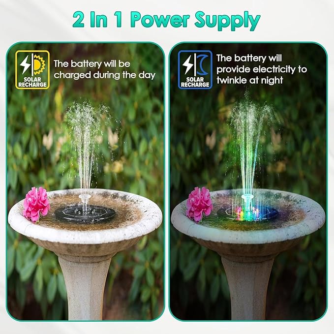Saillong 3 Pack 5W Solar Bird Bath Fountain Pump with Colorful LED Lights, 6.3'' Battery and Solar Powered Water Fountains with 6 Nozzles, Floating Fountain Pump for Bird Bath Garden, Pond