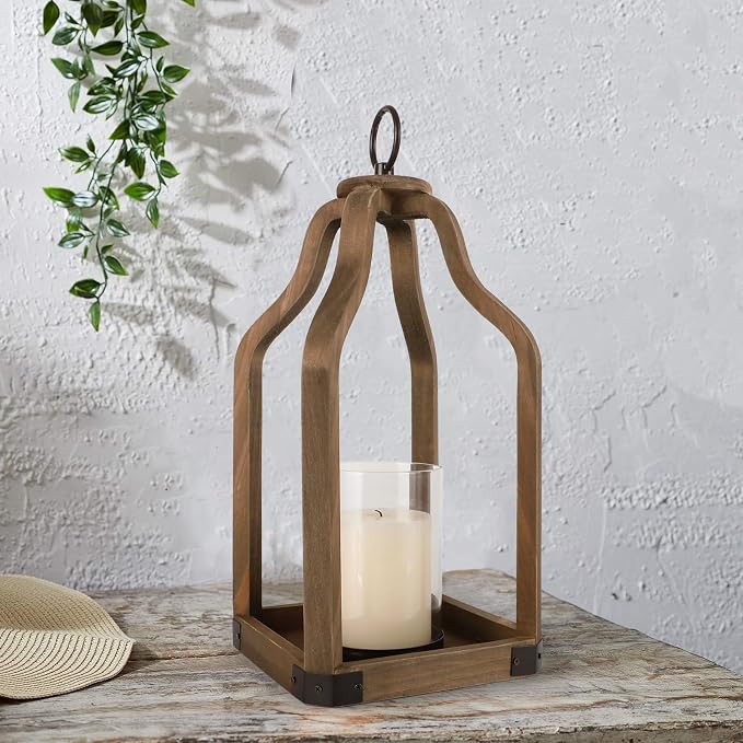 Rustic Wood Lantern Candle Holder for Farmhouse Decor - Indoor and Outdoor Table Centerpiece with Glass Hurricane, 15.7" High
