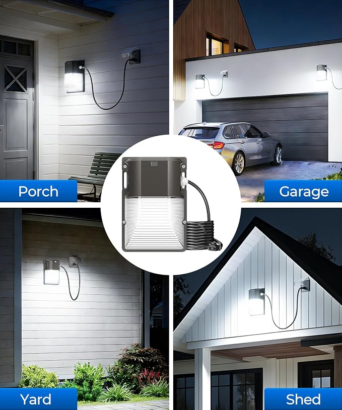 CINOTON 30W Plug in LED Wall Pack Light with Dusk to Dawn Sensor, 3600LM, 5000K Daylight [120Vac] Outdoor Wall Lights IP65 Waterproof LED Security Flood Lighting for Garage Warehouse with 6Ft US-Plug