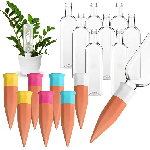 Ziliny 8 Pack Terracotta Watering Spikes Devices, Plant Self Watering Spikes with 25 oz Plastic Wine Bottles, Slow Release Vacation Insert Plant Waterer Devices for Indoor Outdoor