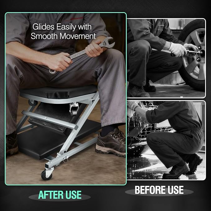 ‎DNA MOTORING TOOLS-00187 40 Inches 2 IN 1 Rolling Folding Car Creeper/Seat, 6 Pcs 2" Casters, 150kg Weight Capacity, Gray