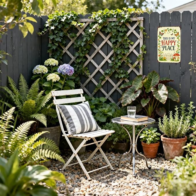 This Is My Happy Place Metal Garden Sign for Gardener Plant Lover, Rustproof Outdoor Wall Art for Patio Porch Fence, Vintage Tin Decor 12x8 Inch (3015)