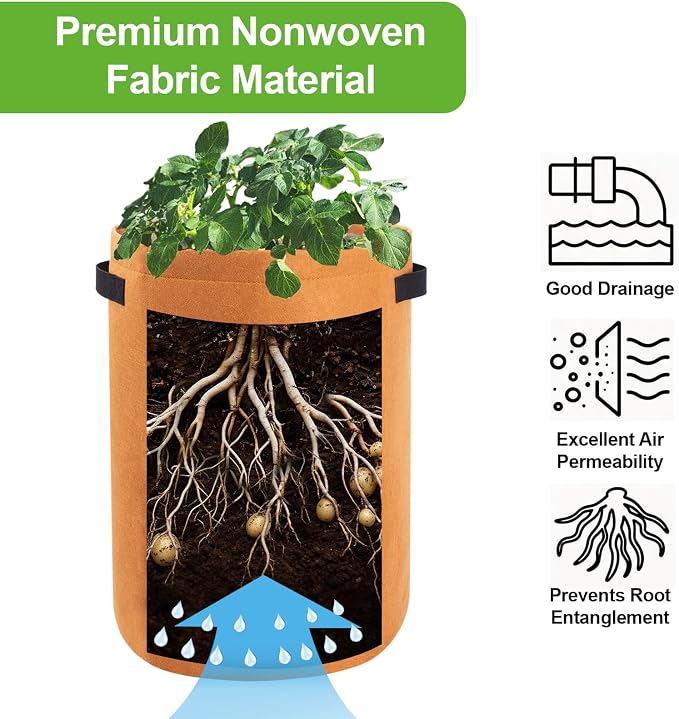 Homyhoo 4 Pack Potato Growing Bag with Flap 10 Gallon Planter Pots with Handles and Harvest Window for Potato Tomato and Vegetables, Black Green Orange and Beige