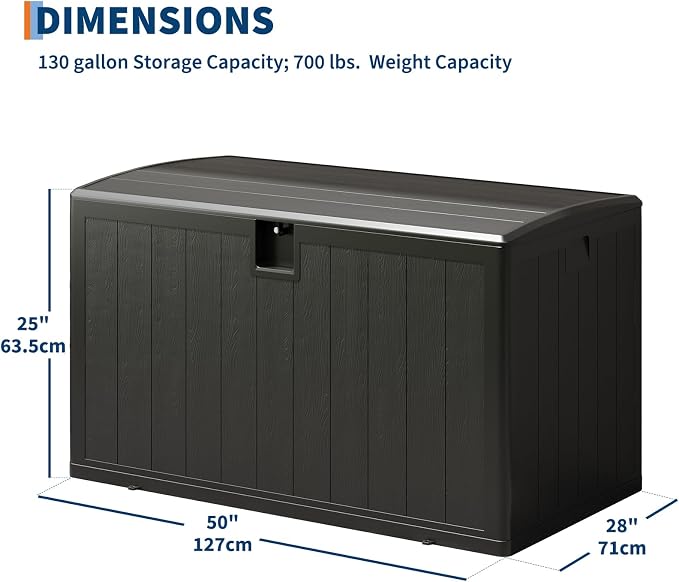 130 Gallon Resin Deck Box, Waterproof & Lockable Patio Storage Box with Hydraulic Lid for Outdoor Garden Tools, Pool Accessories & Cushions