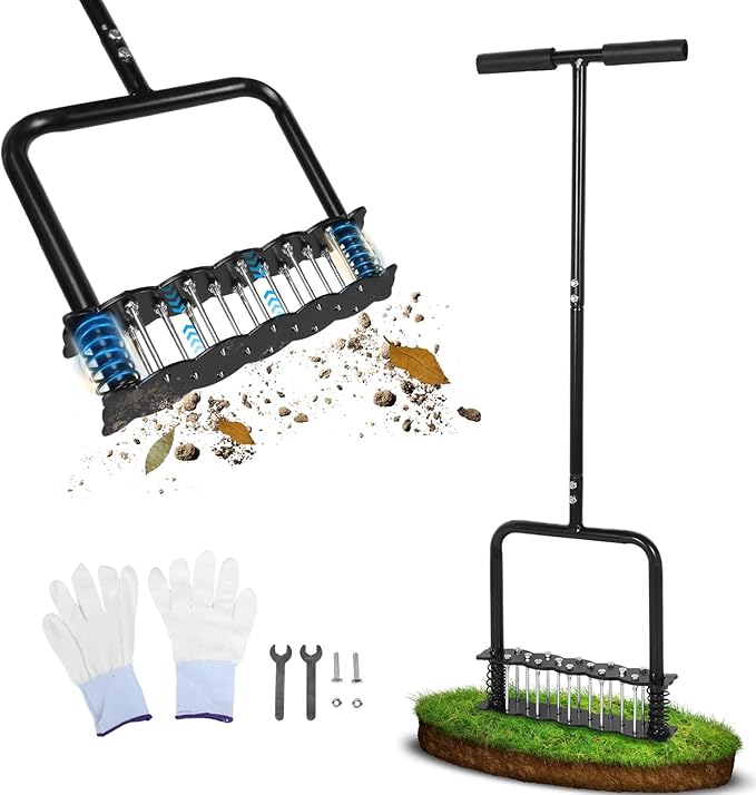 Lawn Aerator Tool with 14 Metal Spikes – Manual Yard Aerator with Spring Base & Auto Leaf Cleaning for Soil Aeration, Lawn Care, Grass Health – Heavy Duty Aerator for Garden, Backyard, Patio