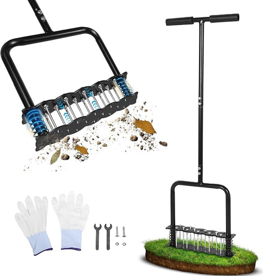 Lawn Aerator Tool with 14 Metal Spikes – Manual Yard Aerator with Spring Base & Auto Leaf Cleaning for Soil Aeration, Lawn Care, Grass Health – Heavy Duty Aerator for Garden, Backyard, Patio