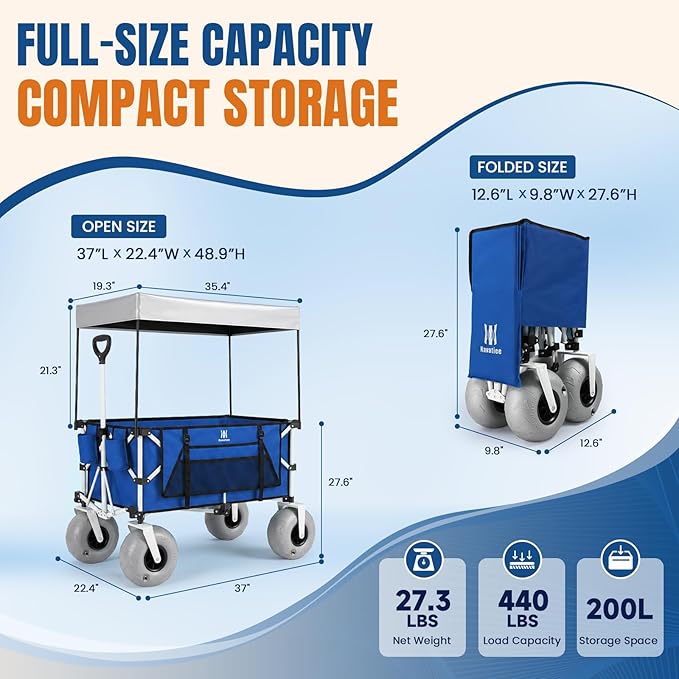 Navatiee Beach Wagon with Big Balloon Wheels for Sand, 200L Extra Large Beach Cart with Canopy, 440Lbs Heavy Duty Folding Wagon Collapsible with 9" Tires & Side Pocket for Beach, Outdoor, Blue
