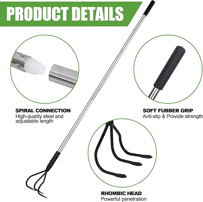YEELOR 3-Tine Long Handle Tiller, Garden Cultivator with 55"-15.5" Adjustable Handle, for Loosening Soil, Tilling, Weeding and Fertilizing, Suitable for Elderly and Women
