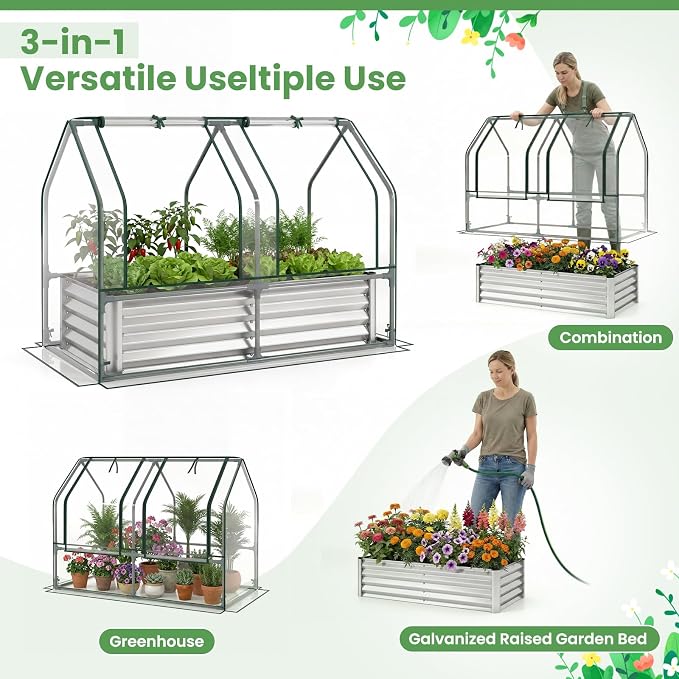 Giantex 4x2x3 FT Galvanized Raised Garden Bed with Greenhouse Cover, Outdoor Elevated Metal Planter Box w/Dual Roll-up Windows, Mini Greenhouse for Patio Balcony Vegetables Herbs Flowers (Silver)