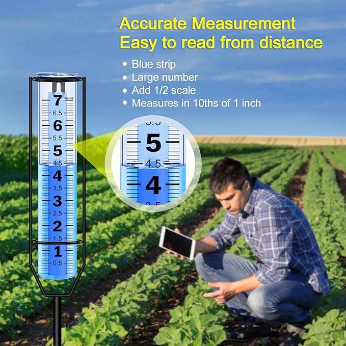 Rain Gauge Upgraded, 7" Freeze Proof Thickened Rain Gauge Outdoor Best Rated, Large Clear Numbers and Adjustable Height Rain Measuring Tool for Garden, Yard, Lawn, Patio, and Farm Use