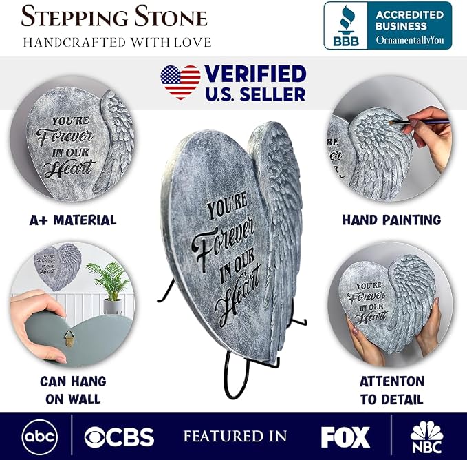 OrnamentallyYou Elegant Resin Stepping Stone, Outdoor Garden Pathway Decoration (You’re Forever in Our Hearts Angel Wing Stepping Stone, 9.5" Garden Decorative Memorial Resin Figurine)