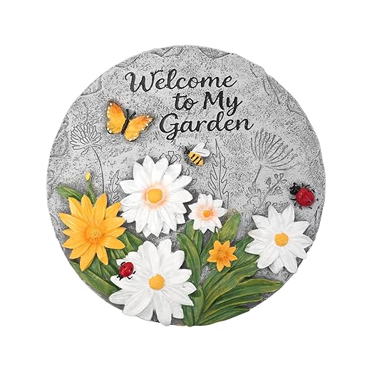 Resin Daisy Stepping Stone, Bees Butterfly Ladybug Welcome to My Garden Decorative Garden Step Stones for Yard, Patio or Walkway Wall Hanging Decor - Outdoor or Indoor Home Decoration