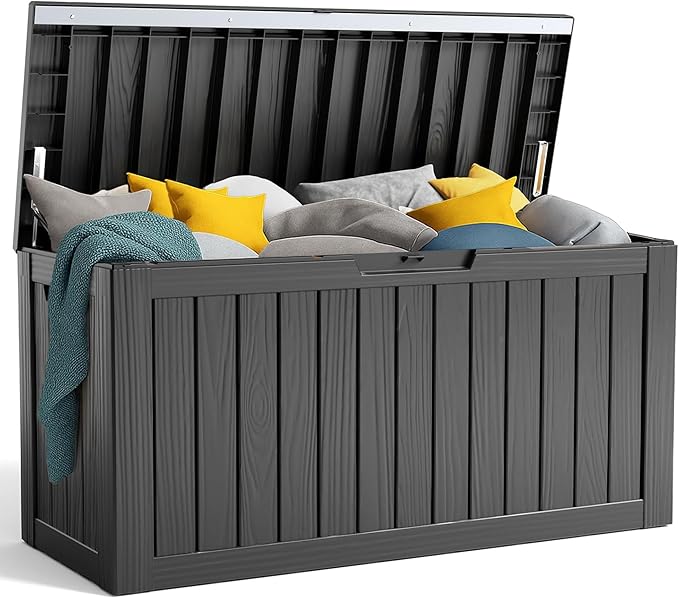 PatioZen 90 Gallon Resin Deck Box, Lockable Patio Outdoor Storage Box for Furniture, Garden Tools and Tools Storage, Waterproof Outside Storage Box - Black