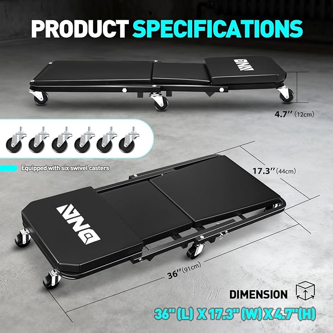 DNA Motoring 36 Inches Folding 2 in 1 Rolling Z Creeper, Adjustable Roller Garage Chair Lay Down or Sit, 6 Pcs Casters, 330 LBS / 150kg Weight Capacity, Black, TOOLS-00493