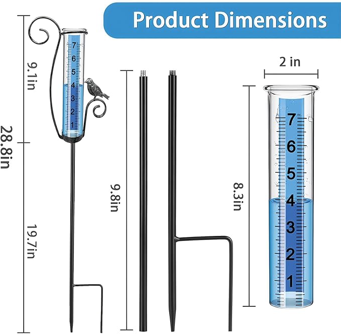 Rain Gauge Outdoor, Accurate rain gauges Outdoors Best Rated, Tall rain Gauge for Yard with Stake, Decorative rain Measure Gauge for Garden, Deck, Lawn with Large Numbers, Adjustable Height