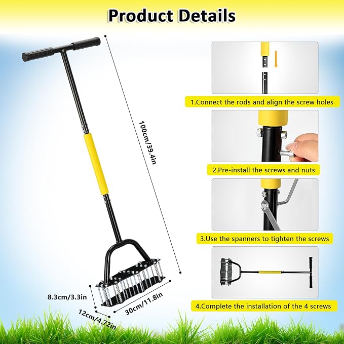 Manual Lawn Aerator Tool, Automatic Dirt Clean Lawn Aerator with 17 Spikes and Extended T-Handle, Easy-to-Assemble Aerator Lawn Tool with Gloves, Yard and Grass Aerator for Soil Loosening