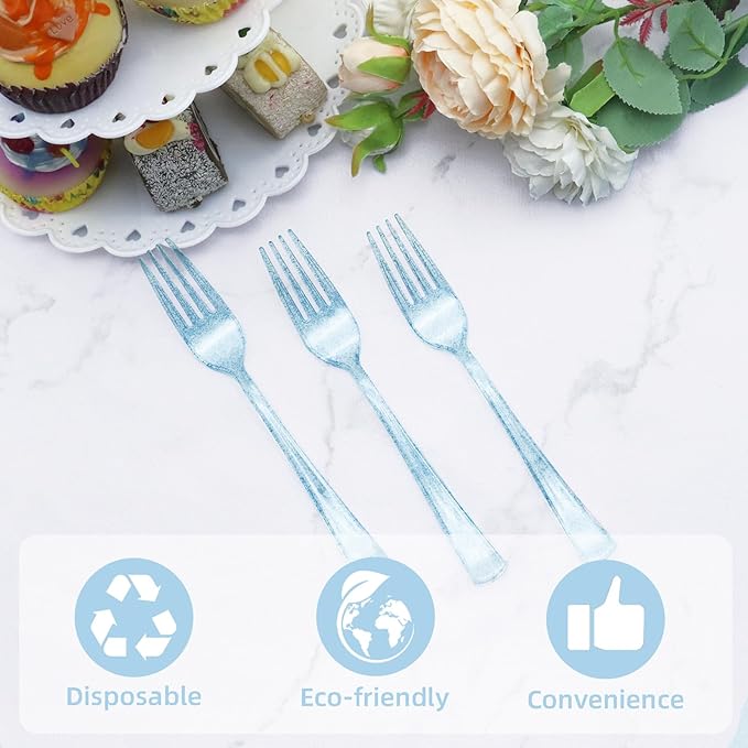 50 Pcs Blue Plastic Forks Blue Glitter Silverware Heavy Duty Plastic Utensils Disposable Cutlery Set for Brithday, Baby Shower, Picnic