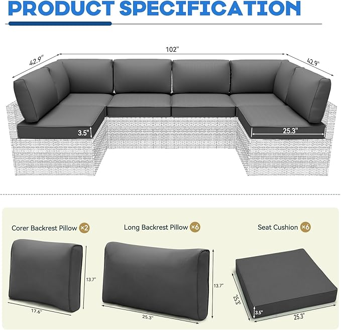 Outdoor Replacement Cushions for Patio Furniture,Water-Resistant Sofa Cushion for Rattan Wicker Sectional Patio Conversation Sets,14-Piece Outdoor Couch Cushion, Grey