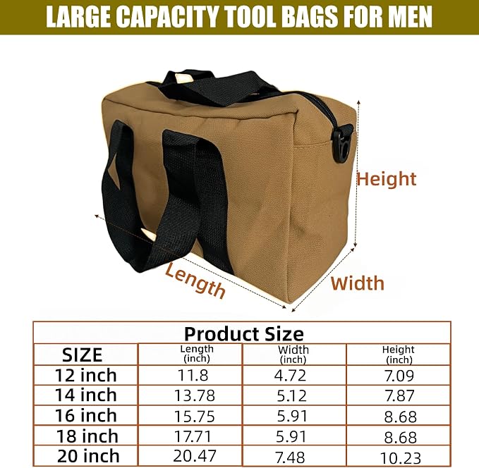 BLIRITEL Wide Mouth Tool Bag, Heavy Duty Canvas Tool Storage Bag, Large Capacity Handbag, Multi-function Tool Organizer Tote Bag for Storage Wrenches Pliers (Khaki, 14 Inch)