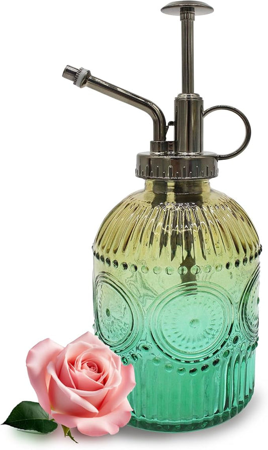 Glass Plant Mister Spray Bottle, 350ML Vintage Plant Spritzer with Top Pump Watering Can for Indoor Outdoor House Plants,Flowers (Gold-Green)