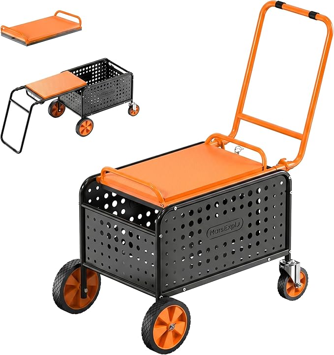 Rolling Garden Work Seat with Wheels, Upgraded Heavy Duty Cart for Seniors with Rotatable 360-Degree Wheels and Extended Handle, Garden Seat for Lawn, Patio & Backyard Gardening, Orange
