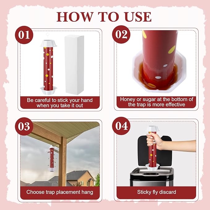 12 Pcs Sticky Fly Trap Fly Stick Indoor Outdoor Long Lasting Adhesive Fly Catcher with Hanging Hook for Wasps Gnats Bugs Insects Moths Fruit Flies Mosquitoes Spiders Fleas (Red, White)
