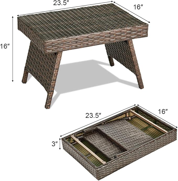Tangkula Outdoor Folding Wicker Table, Heavy Duty Rattan Foldable Standing Coffee Side Table, for Patio Poolside Lawn Garden Balcony