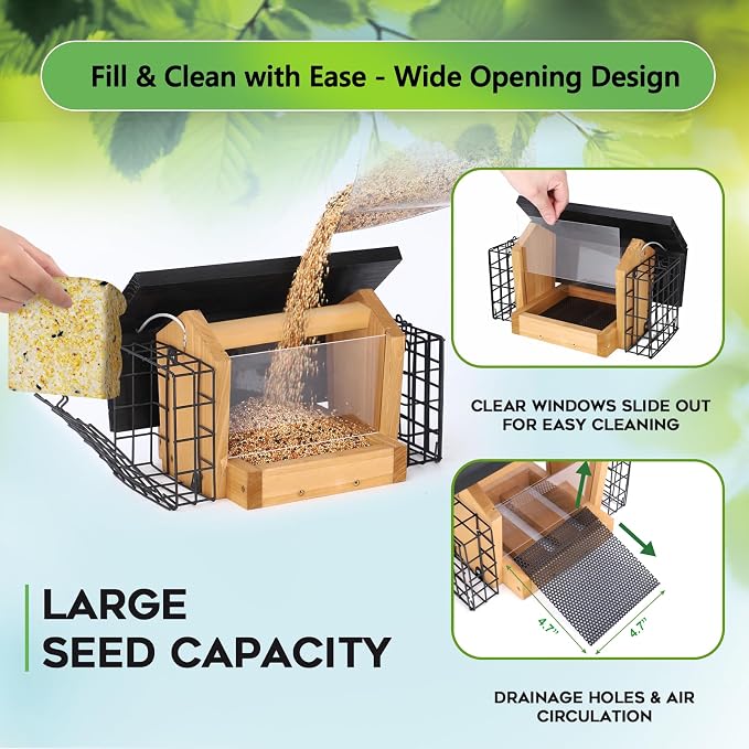 Gbekery Hopper Bird Feeder for Outdoors Hanging, Wooden Bird Feeder with Double Suet Cage and Large Seed Capacity, Cedar Wood Suet Feeder with Weatherproof Roof, Garden Decoration