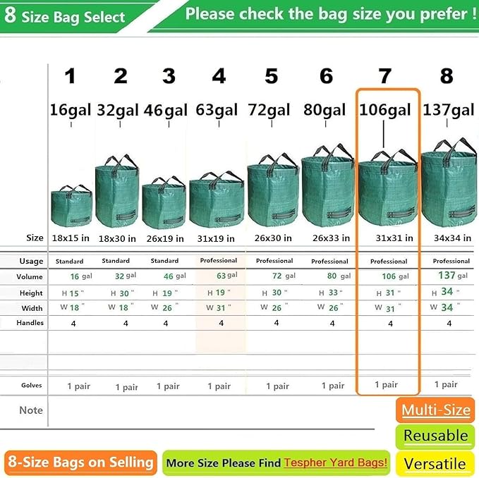 Professional 3-Pack 106 Gallon Large Lawn Garden Bags(D31,H31 inch) Reusable Yard Waste Bags with Gardening Gloves for Leaf Bag,Yard Debris,Garden Pruning,Lawn Weeds Bag,Grass Clippings Bag 4 Handles