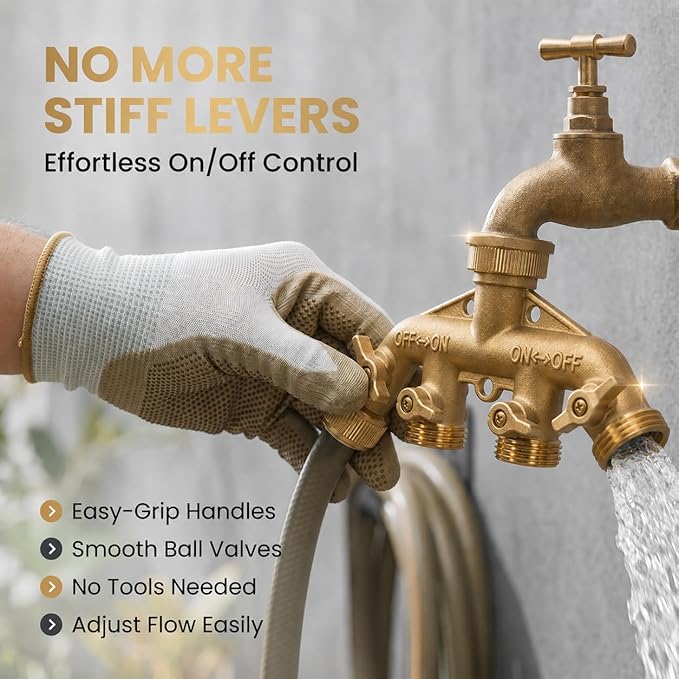Morvat Brass 4-Way Splitter LEAD-FREE, Heavy-Duty Garden Hose Manifold Connector with Improved Comfort Grip ON/OFF Valves, Adapter for Water Faucet & Spigot, Includes 32 Washers, Teflon Tape (4-Pack)