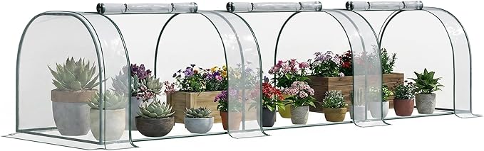 Outsunny 11' x 3' x 2.5' Mini Greenhouse, Portable Tunnel Green House with Roll-Up Zippered Doors, UV Waterproof Cover, Steel Frame, Clear