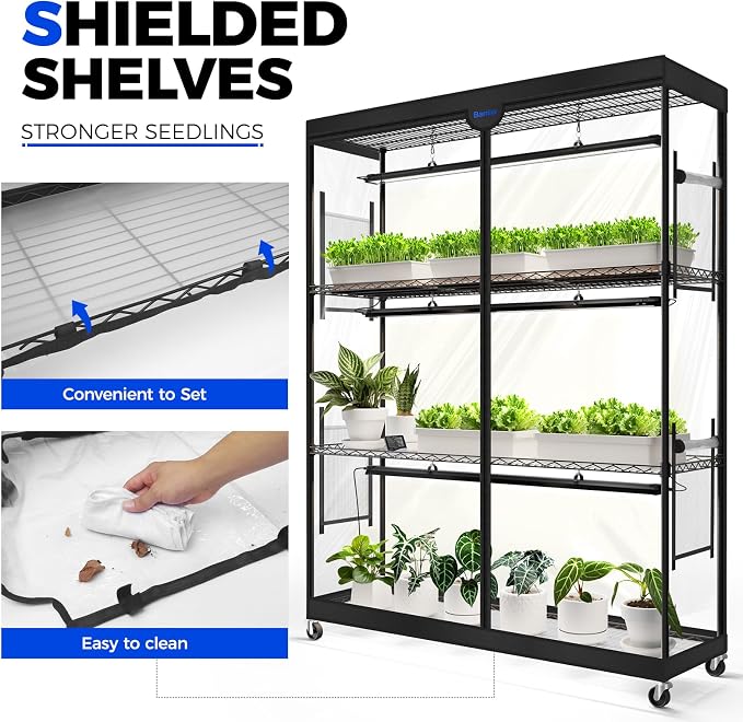 Barrina LP1200 Indoor Greenhouse with Grow Light, 4-Tier Plant Stand with 150W TX-S50 3.2FT 5000K, Full Spectrum Plant Shelf with Tent, Timer & Thermometer for Winter Seed Trays, 47.2 x 13.8 x 59.1IN