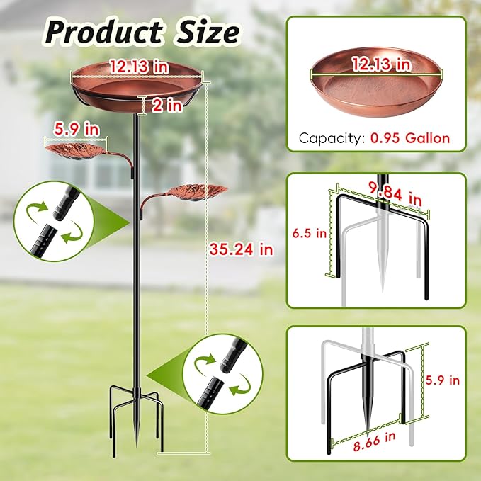 DRQ 35'' Metal Bird Bath for Outside, 12'' Dia × 2'' Deep Birdbath Bowl, Bird Feeder with 6.5'' 5-Pronged Base for Garden Decor, Patio, Yard, Lawn, Father's Day – Vintage Brown
