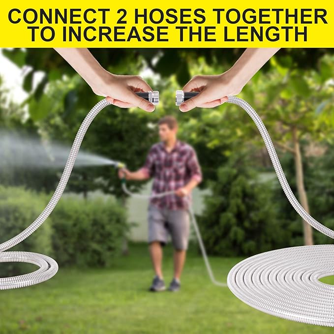 Stainless Steel Garden Hose 75 ft - Metal Water Hose with 2 Nozzles, Lightweight, Tangle Free & Kink Free, Heavy Duty, High Pressure, Flexible, Dog Proof