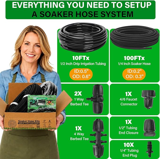 MIXC Drip Irrigation System with 100FT 1/4" Soaker Hose - 80% Water Savings, Weeping Tech for Deeper Root Watering, Garden Kit with 10FT 1/2" Tubing for Raised Beds, Vegetables, Lawn, Greenhouse