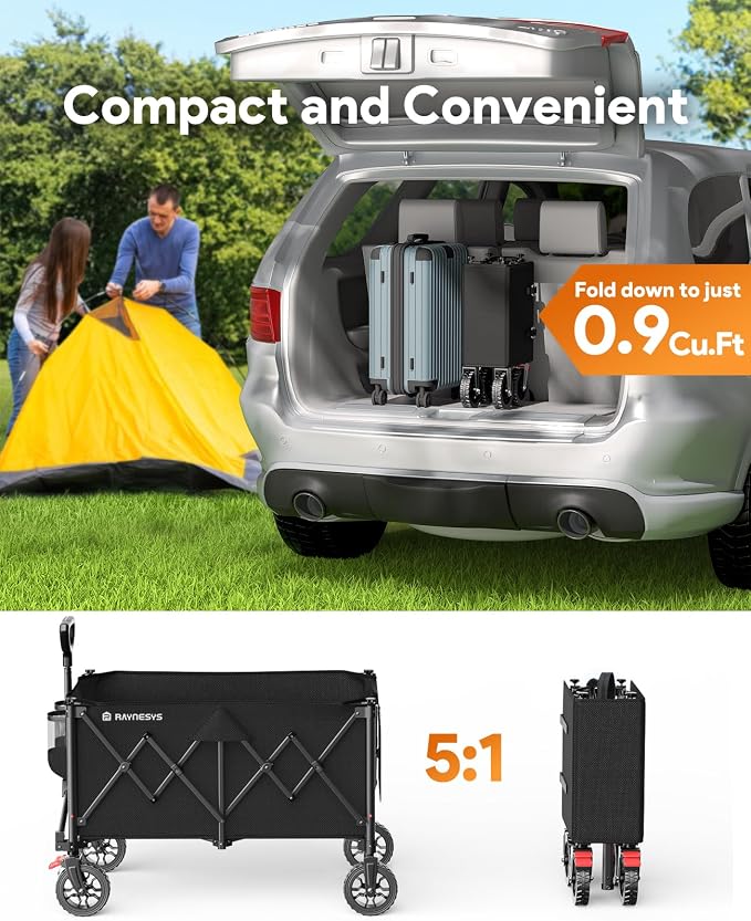 Raynesys Collapsible Foldable Wagons, 440lbs Capacity Wagons Carts Foldable with All-Terrain Wheels, Heavy Duty Utility Wagon Carts with Brakes for Camping, Sports, Shopping, Grocery, Black