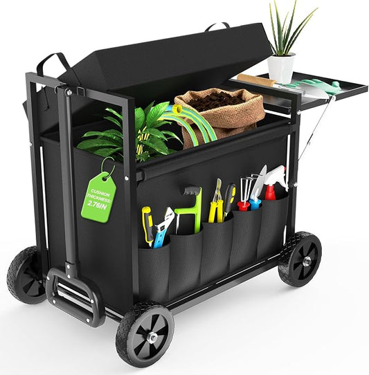 Garden Seat with Wheels, Garden Cart with Seat, 400 lbs Garden Rolling Utility Cart with Foldable Side Trays, for Gardening, Patio, Backyard, Gardening Gifts for Fathers Day