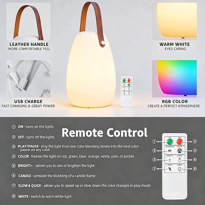 uuffoo Rechargeable Portable Table Lamp, Cordless RGB Lantern with Remote, Decorative LED Night Light, IP44 Waterproof Indoor Outdoor Lamp for Bedroom Patio Garden Wedding Party