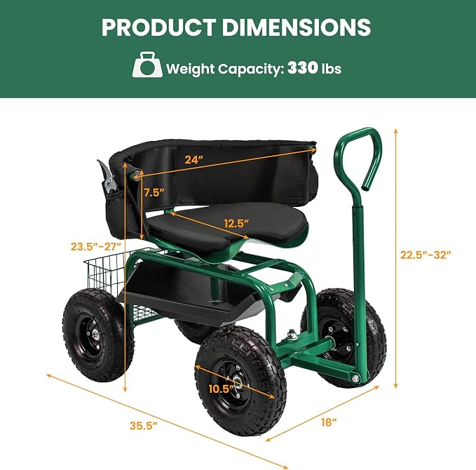 Byroce Rolling Garden Cart with Seat, Heavy Duty Wheelbarrow Utility Cart with Metal Frame, Swivel Seat, Tool Tray, Storage Basket & Adjustable Handle, Outdoor Garden Wagon Scooter for Yard (Green)