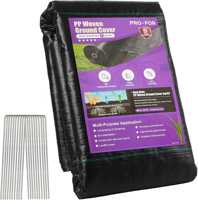 4FT x 50FT 3.2oz Heavy Duty Weed Barrier Landscape Fabric – Premium Woven Ground Cover for Gardening, Farming & Driveways, Breathable Weed Control Cloth with 10 U-Shaped Securing Pegs
