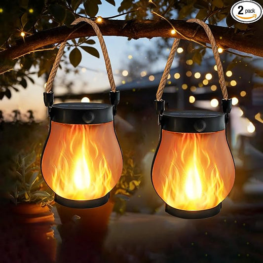 2 Pack Solar Lights Outdoor Waterproof, Solar Lantern with Dancing Flame, 2 Lighting Modes, Dual Charging USB & Solar Powered, with Hanging Rope Handle for Patio Yard Camp Garden Tree Tabletop Decor