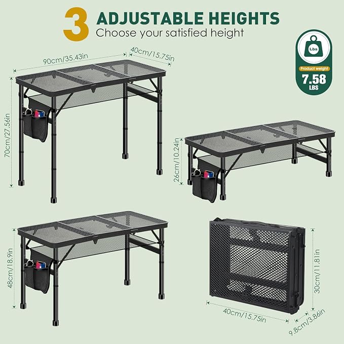 DeeprBetter Folding Camping Table, 3ft Camping Table Aluminum Folding Table with 3 Adjustable Height Max 27.5 Inch Picnic Table Portable Table for Outdoor Backyard BBQ, Beach