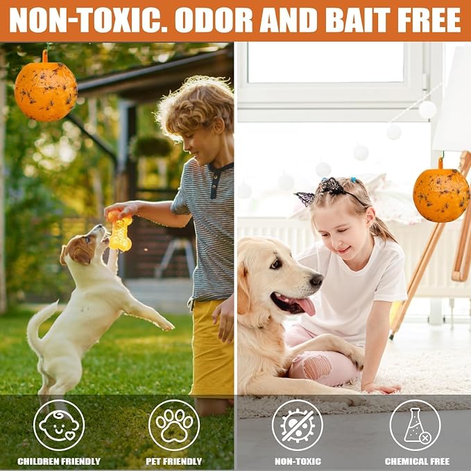 Sticky Insect Trap Ball, Osseph Fruit Fly Trap Balls for Indoor Outdoor 6pc, Physical Extra Sticky Hanging Bug Ball Catches Flie Gnat Wasps Mosquitoe Flying Insects (Orange)