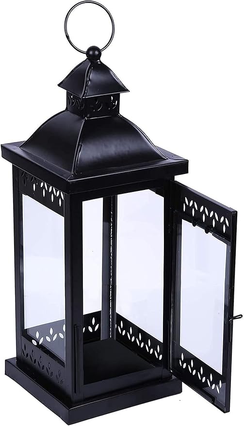 Hosley 15" Clear Glass Iron Lantern - Large Black Classic Style, Decorative Candle Holder for Weddings, Parties, Aromatherapy, Spa, LED Candles, Home Décor Gift
