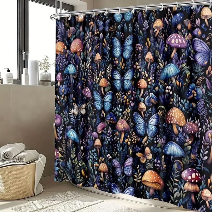 Boho Dark Mushroom Shower Curtain, Vintage Rustic Floral Butterfly Botanical Shower Curtain Purple Blue Black Farmhouse Bathroom Decor with Hook, Fairy Witchy Woodland Flowers Shower Curtain 72X72
